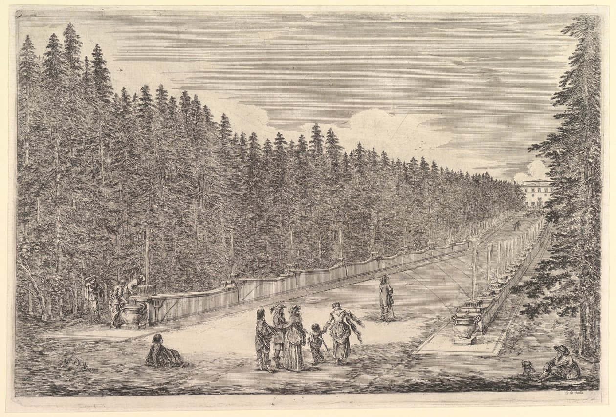 En gränd av fontäner, en grupp människor i mitten, en man och hund som sitter till höger, två..., ca. 1653. av Stefano della Bella