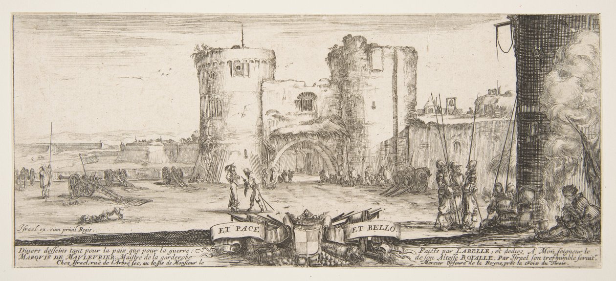En ingång till en fästning i centrum, en kvinna med barn vid en eld till höger, sol..., ca. 1641. av Stefano della Bella