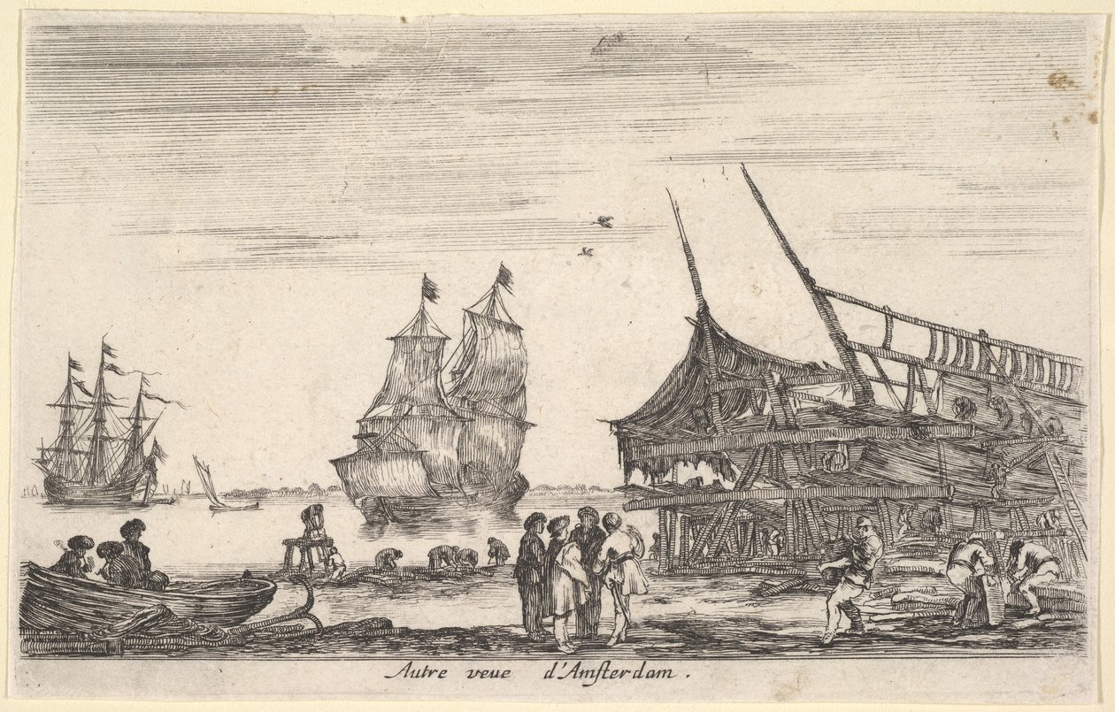 En annan vy av Amsterdam Autre vue dAmsterdam, en grupp på fyra män står i centrum på ..., 1647. av Stefano della Bella