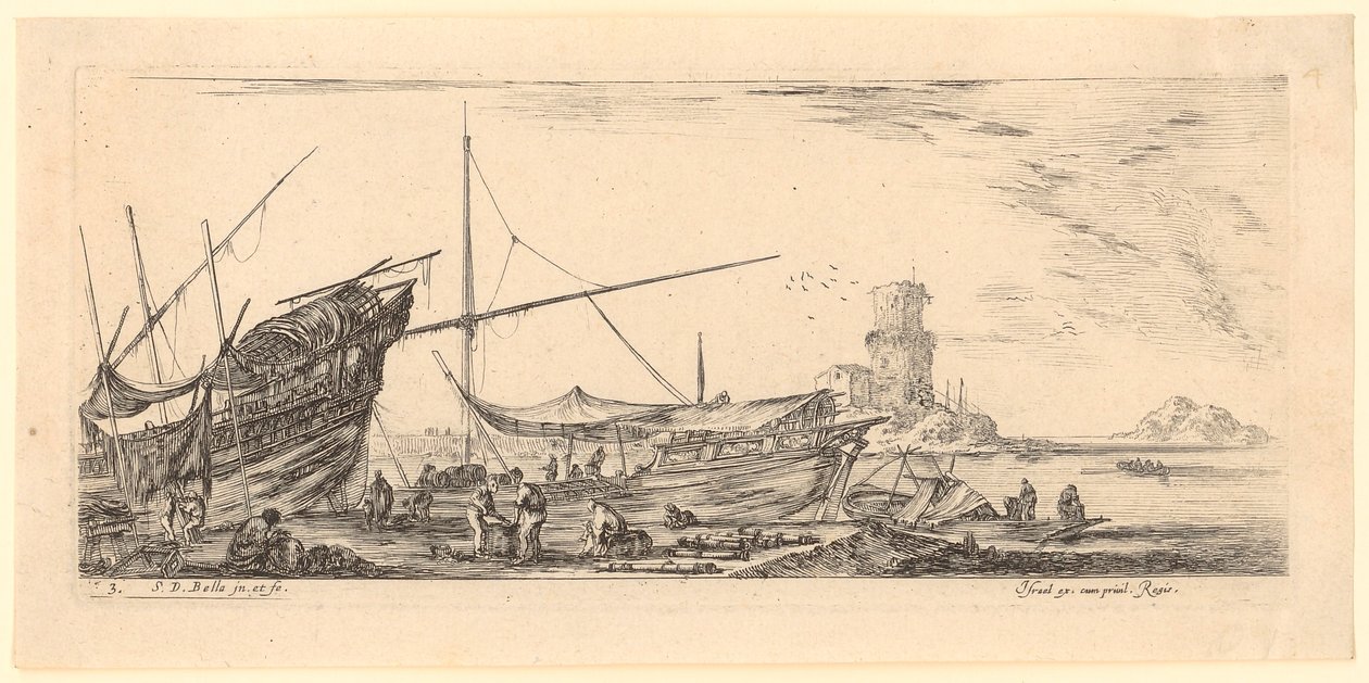 Vy över en hamn med galärer och arbetare av Stefano della Bella