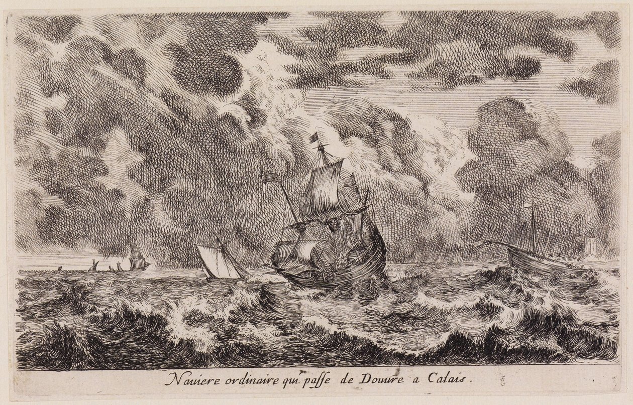 Vy över havshamnar (Vues de ports de mer): Segelfartyg på väg från Dover till Calais av Stefano della Bella