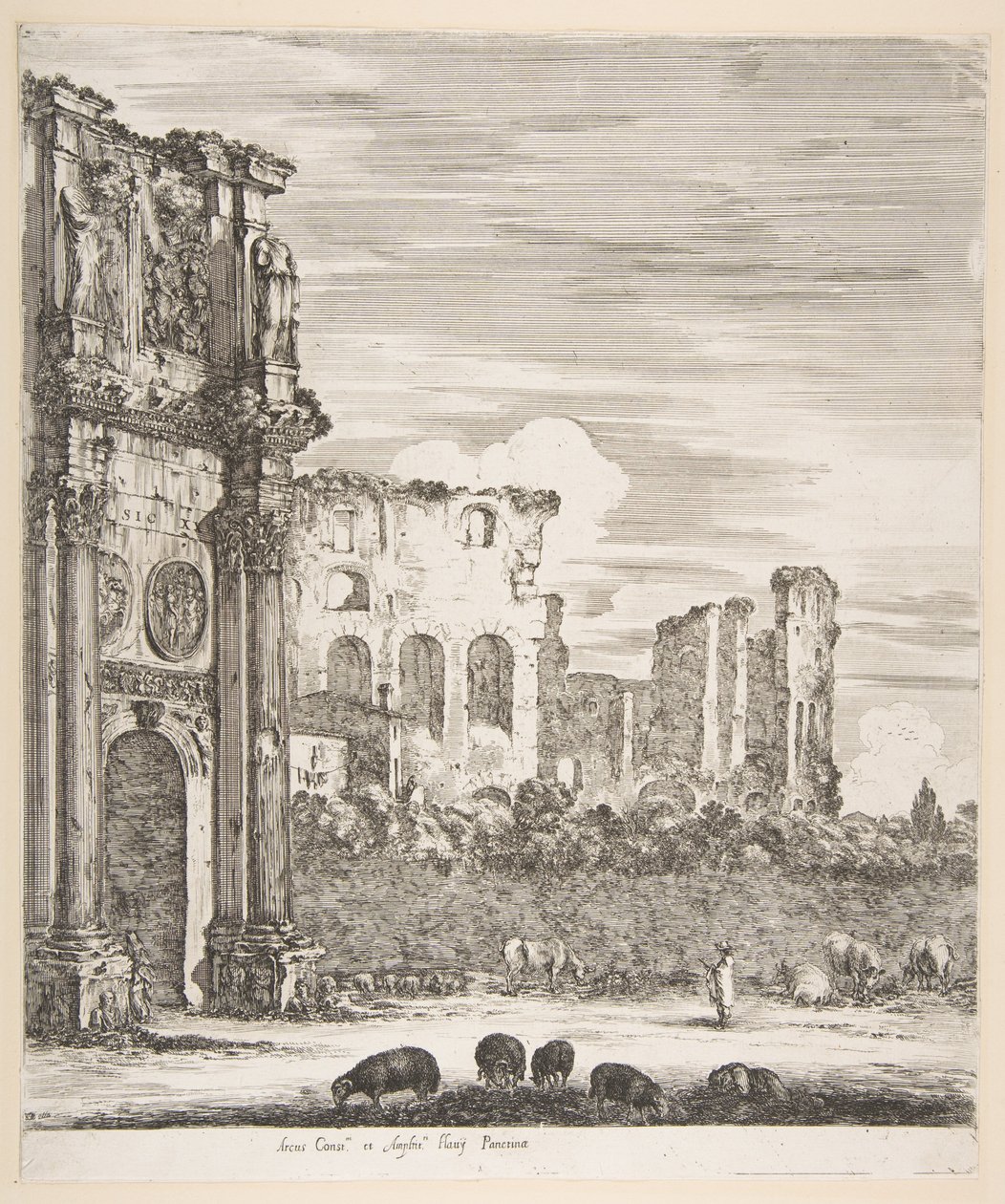 Konstantinbågen och Colosseum med får som betar i förgrunden, från Sex stora vyer..., 1656. av Stefano della Bella