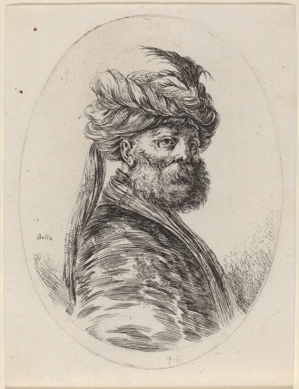 Skäggig hed i fjäderturban med slöja, vänd åt höger, 16491650. av Stefano della Bella