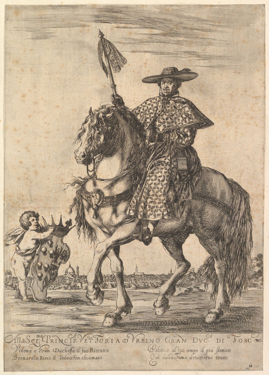Bernardino Ricci, kallad il Tedeschino, ovanpå en häst i mitten, ridande åt vänster, w..., 1637. av Stefano della Bella