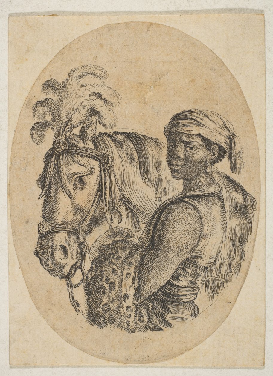 Svart slav bär ett leopardskinn och håller i tränsen på en häst, från Flera huvuden..., 1649-50. av Stefano della Bella