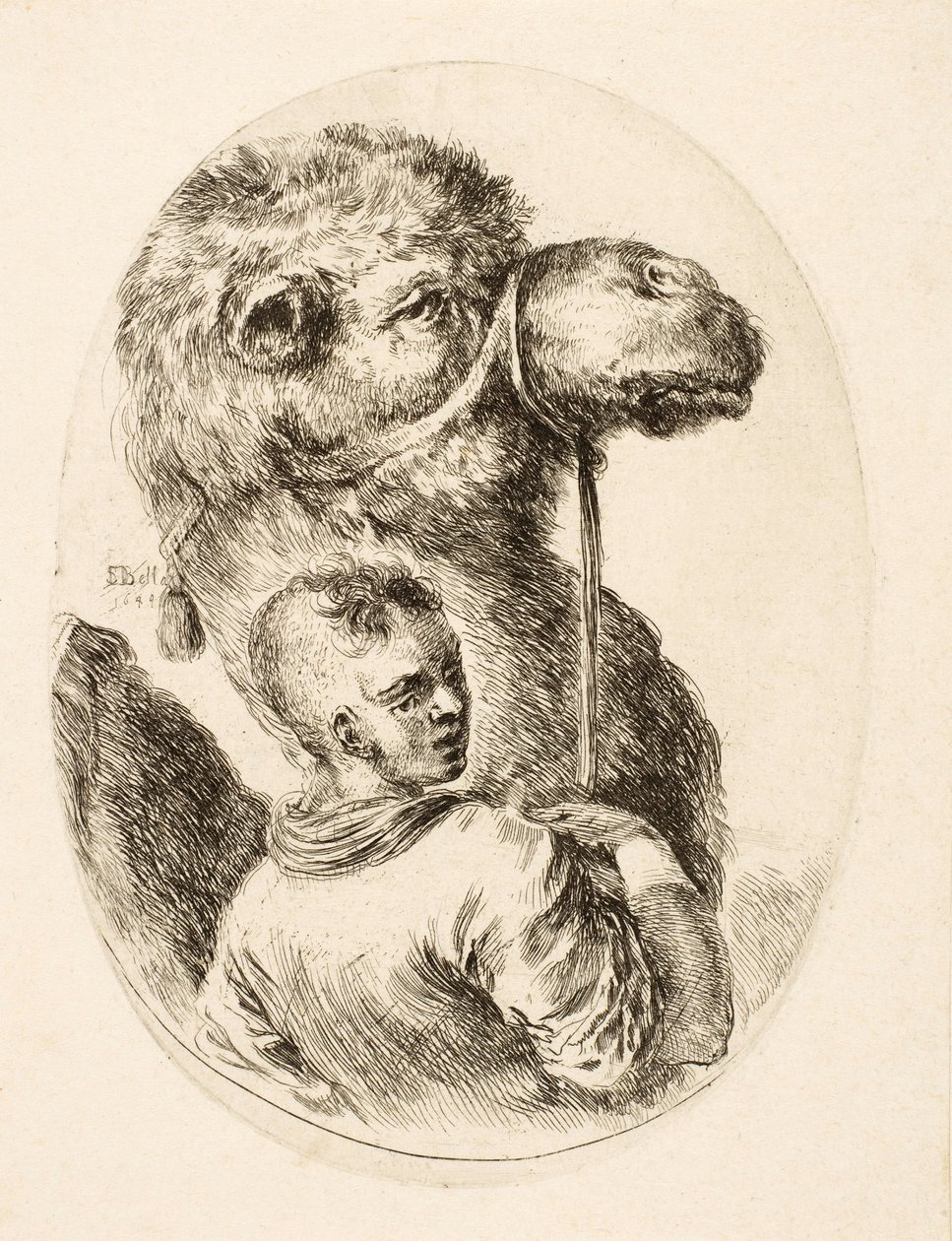 Pojke som håller en kamel vid tränsen, från Several Heads Coiffées à la Persienne, pub. mot. 1650 (gravyr) av Stefano della Bella