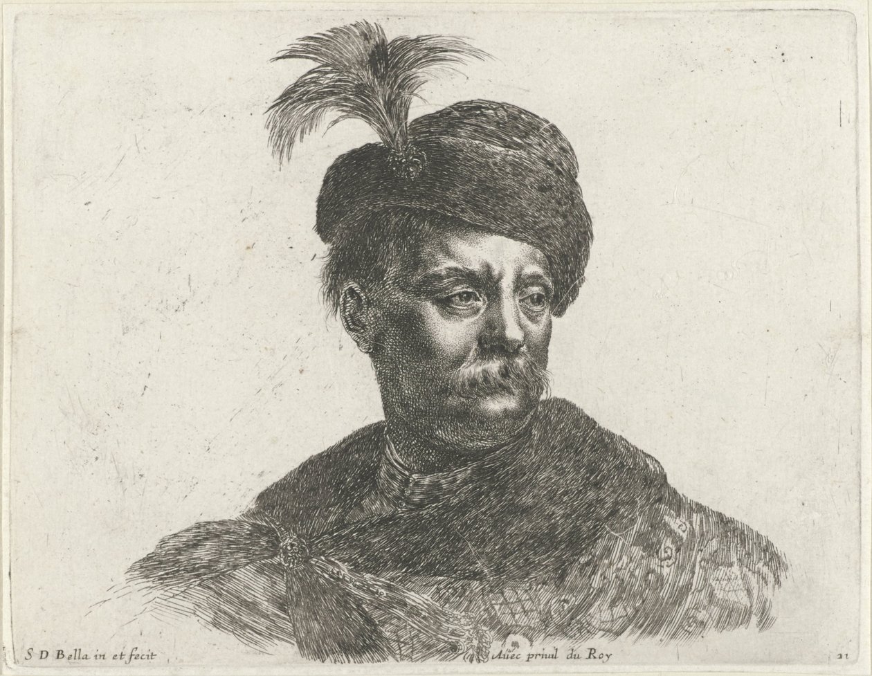 Byst av en polsk man med mustasch och hatt med plym Grunderna i ritning (serietitel) I principii del disegno (serietitel) av Stefano della Bella