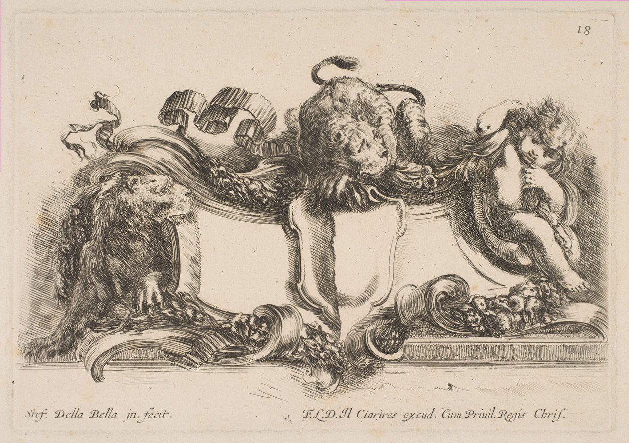 Kartusch innehållande en tom sköld befäst av ett lejon och inramad av ett lejon och ett barn, 1646. av Stefano della Bella
