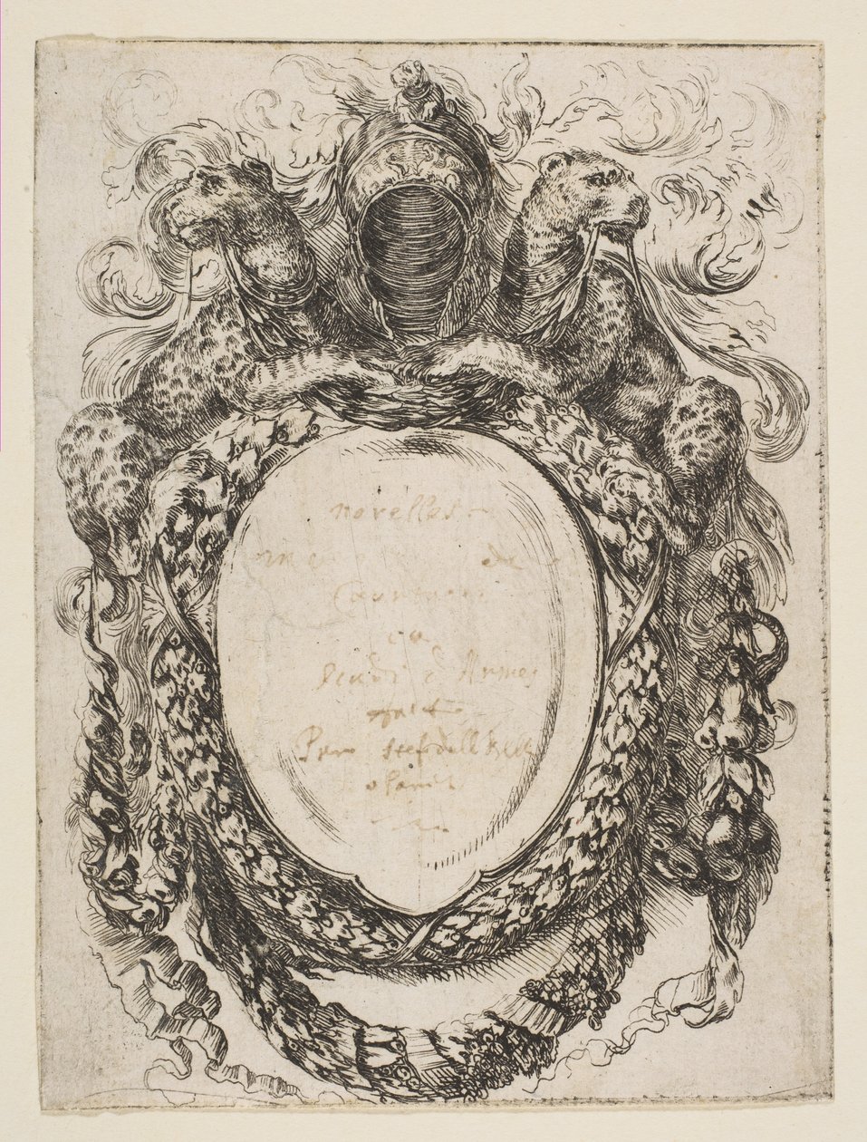 Kartusch krönt av hjälm och leoparder, 1647. av Stefano della Bella