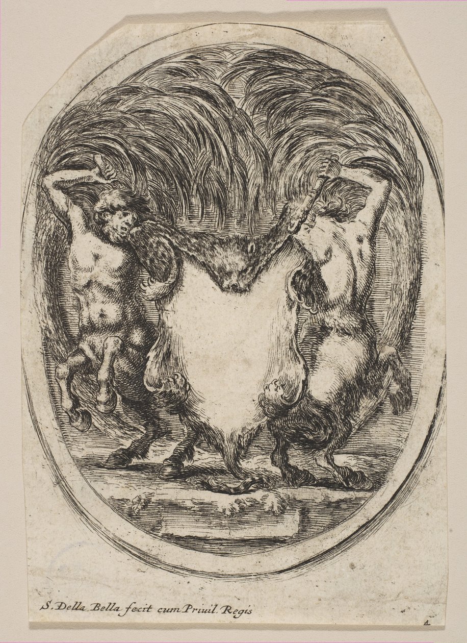 Kartusch formad av ett tigerskinn flankerat av två kentaurer, 1647. av Stefano della Bella