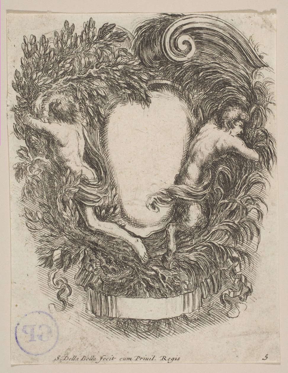 Kartusch inramad av Apollo och Pan, 1647. av Stefano della Bella
