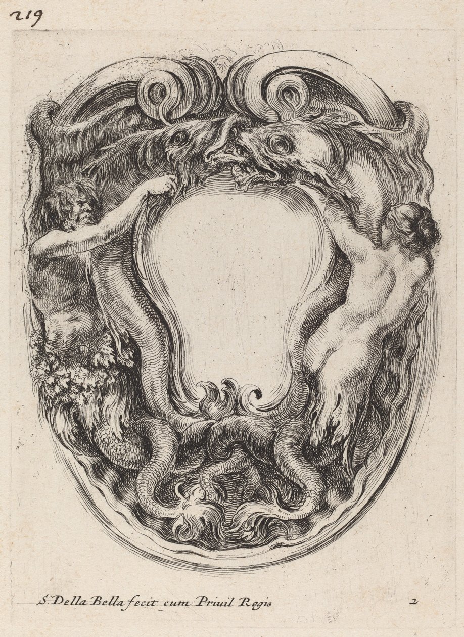 Kartusch med stöd av Triton och Siren, 1647. av Stefano della Bella