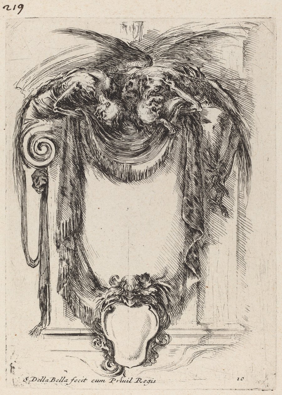 Kartusch upphängd från lik, 1647. av Stefano della Bella