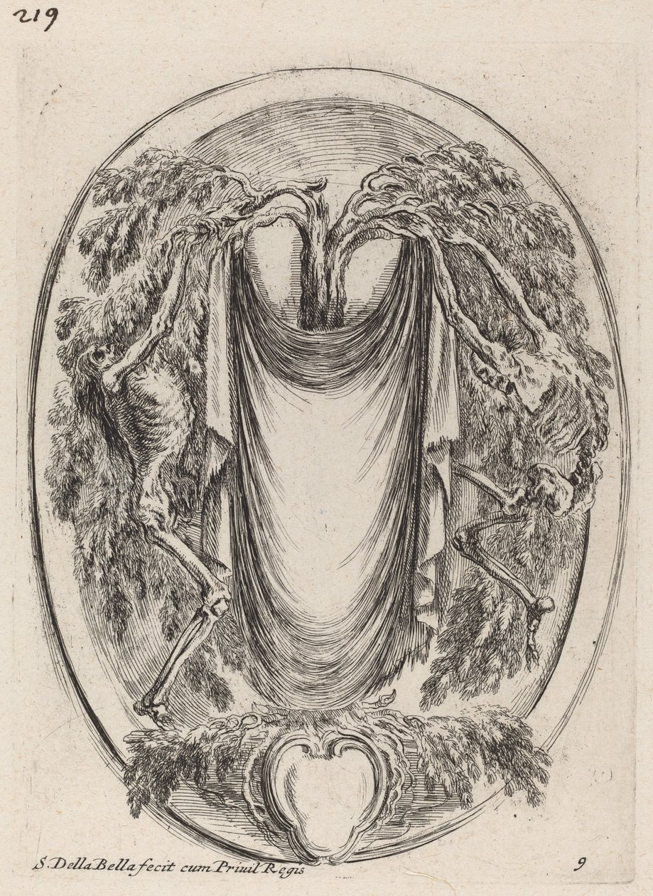 Kartusch i form av ett draperi upphängt från en cypress flankerad av skelett, 1647. av Stefano della Bella