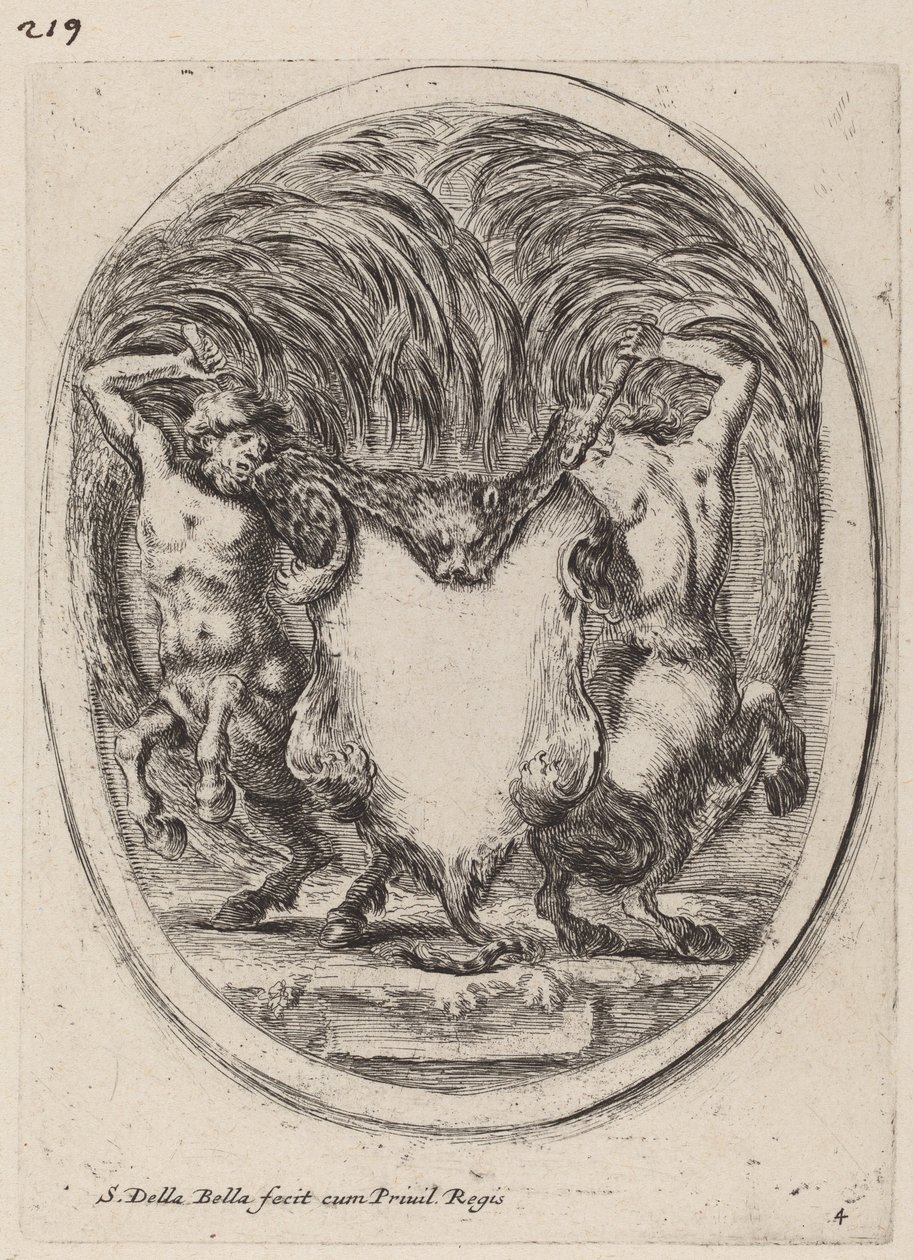 Kartusch i form av en flågad tiger med stöd av kentaurer, 1647. av Stefano della Bella