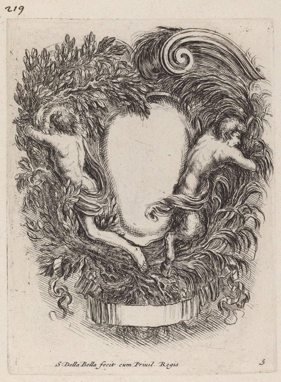 Kartusch med Apollo och Pan, 1647. av Stefano della Bella