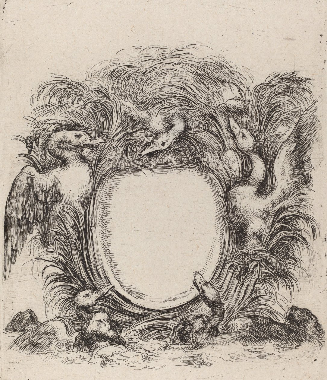 Kartusch med ankor och hundar, 1647. av Stefano della Bella