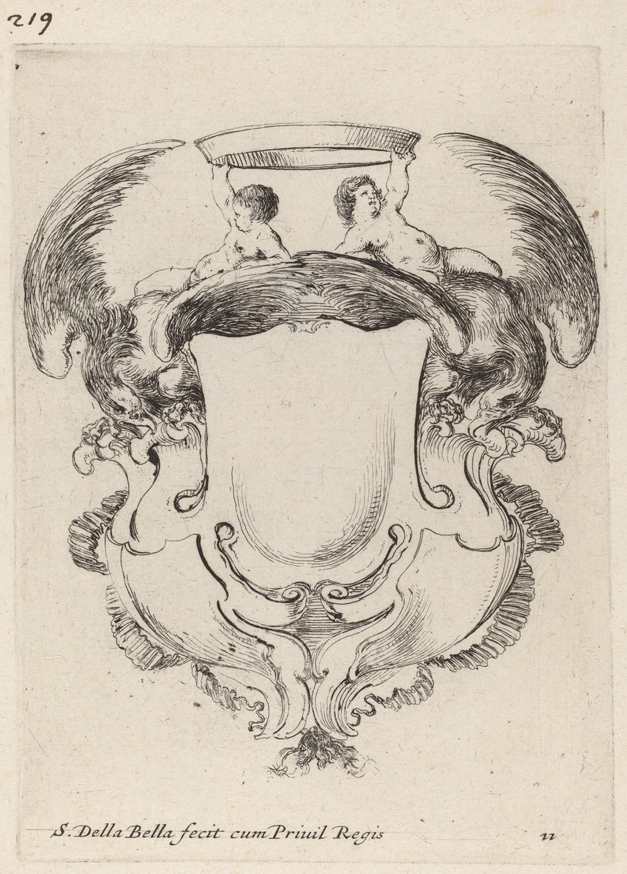 Kartusch med örnar och två spädbarn som håller en krona, 1647. av Stefano della Bella