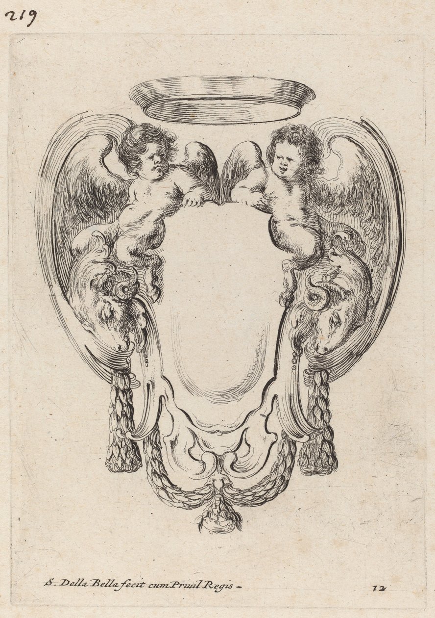 Kartusch med baggar och spädbarnssatyrer, 1647. av Stefano della Bella