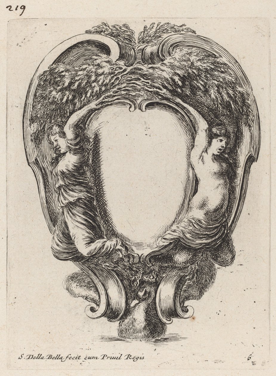 Kartusch med två nymfer omvandlade till träd, 1647. av Stefano della Bella