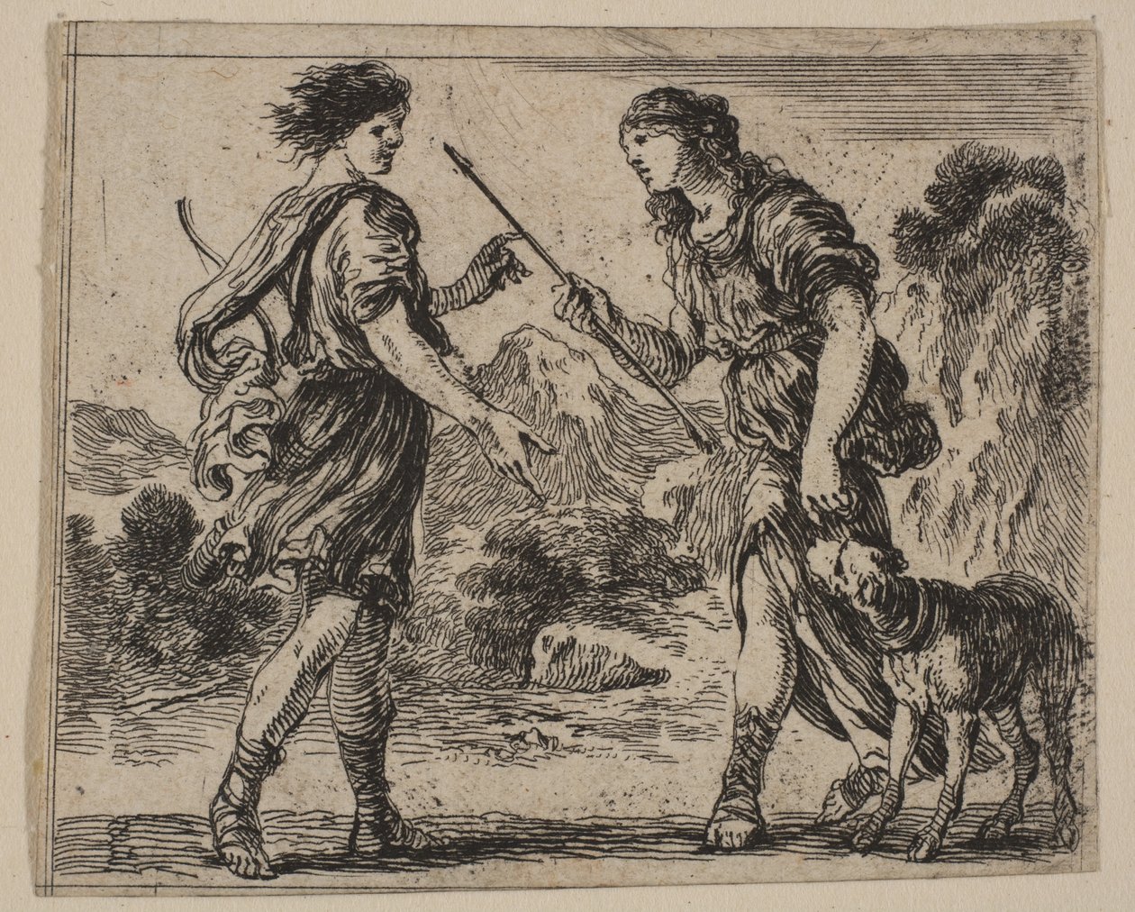 Cephalus och Procris, från Game of Mythology Jeu de la Mythologie, 1644. av Stefano della Bella