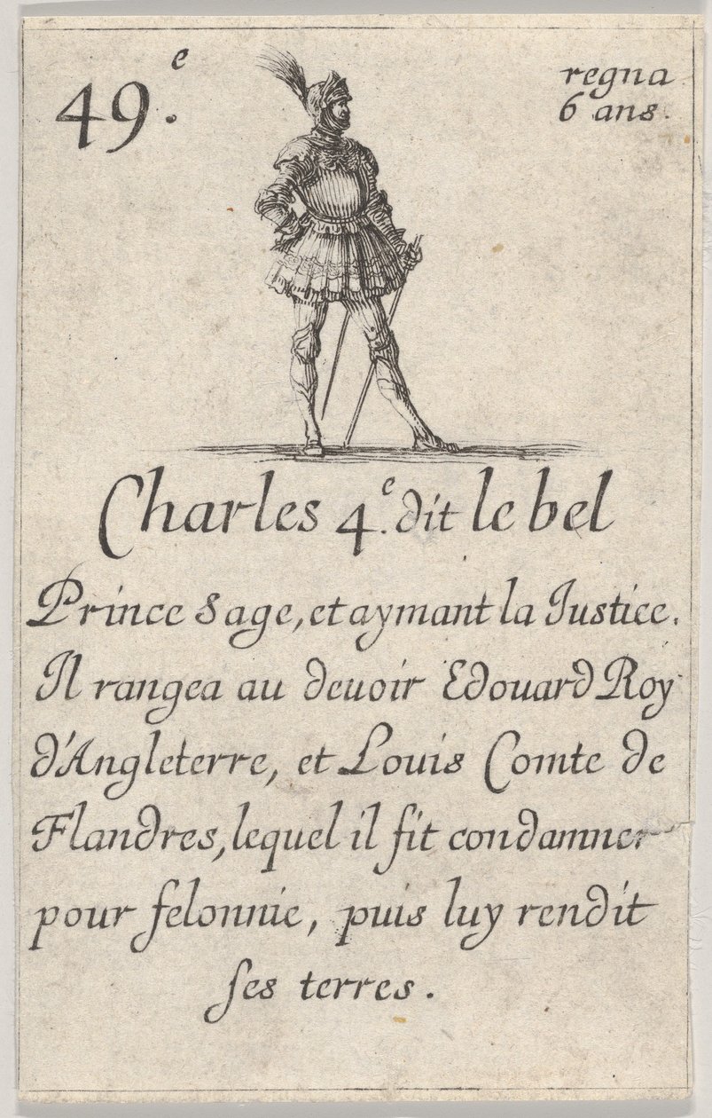 Charles 4.e- dit le bel Prince sage..., från Game of the Kings of France Jeu des Rois..., 1644. av Stefano della Bella