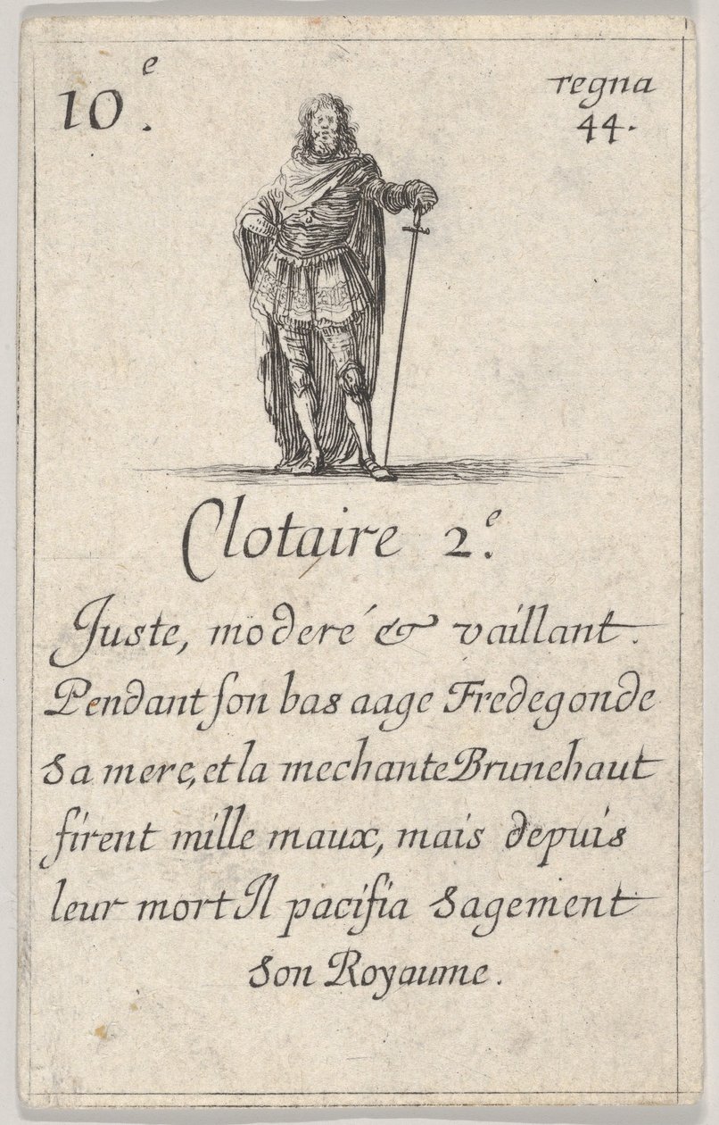 Clotaire 2.-e Fair, moderat..., från Game of the Kings of France Jeu des Rois de Fran..., 1644. av Stefano della Bella