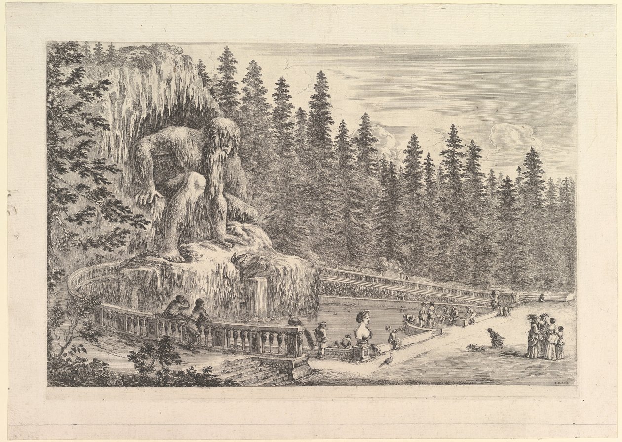 Kolossal staty av Appenino av Giambologna till vänster, representerad som en gigantisk crouchi..., ca. 1653. av Stefano della Bella