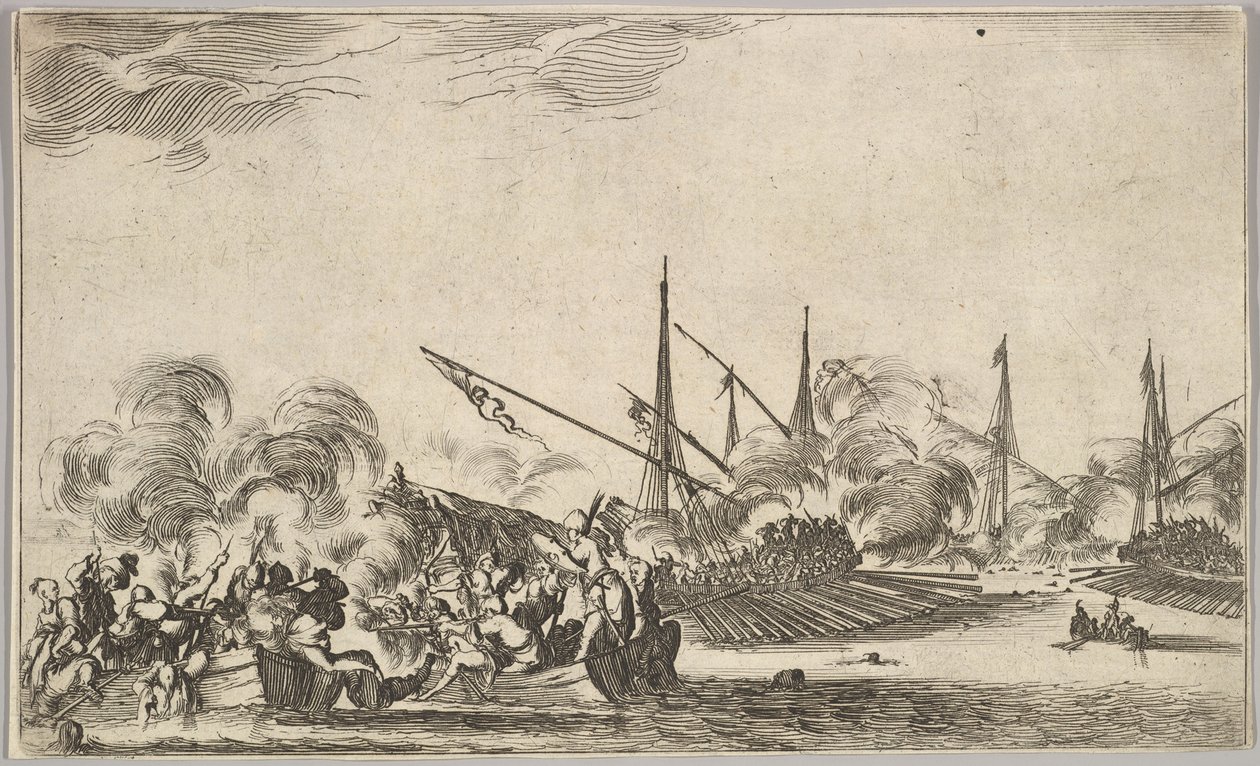 Strid mellan flera roddbåtar och fartyg, två grupper av män i roddbåtar som slåss till vänster..., 1639. av Stefano della Bella