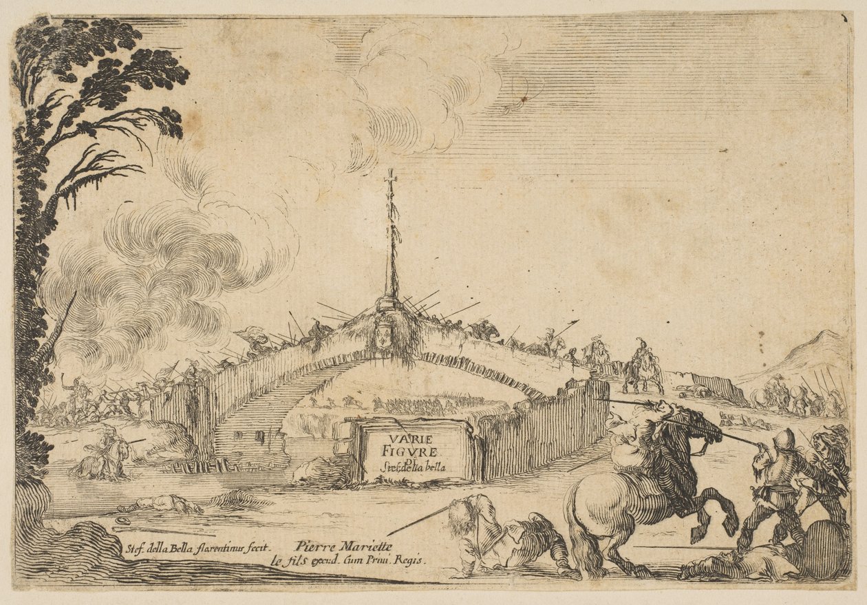 Strid på en bro, en ryttare och två fotsoldater slåss med svärd längst ner till höger..., ca. 1645. av Stefano della Bella