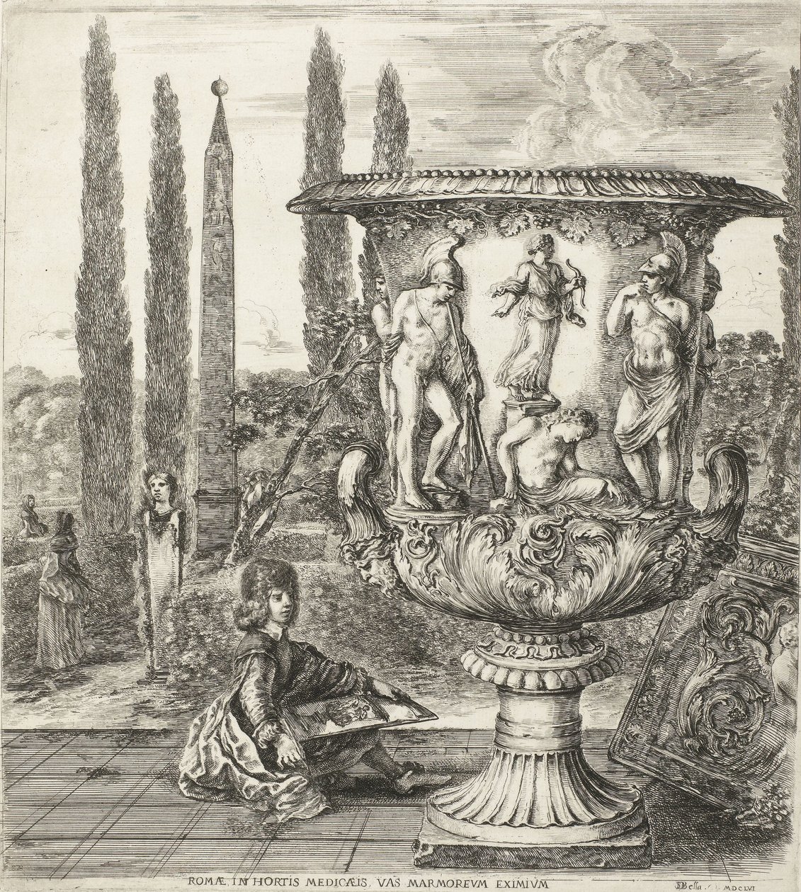 De unge Cosimo III de Medici tekent de Medici-vaas Rom, i trädgårdarna i Medici, en exceptionell marmor (titel på objekt) Gezichten op Rome och omgeving (serietitel) Sex grandes vues, dont quatre de Rome et deux de la Campagne romaine (serietitel) av Stefano della Bella