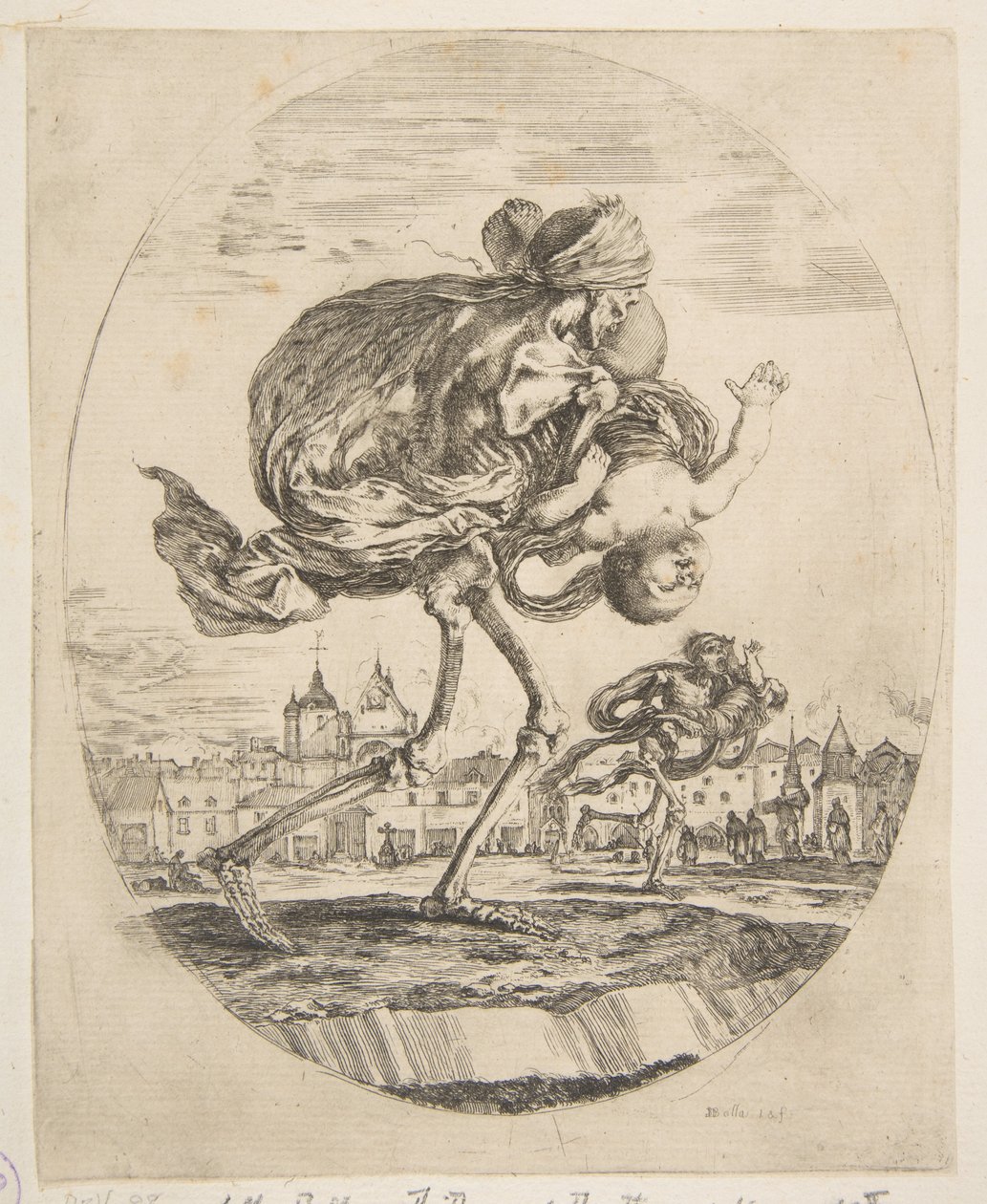 Död som bär ett spädbarn, från The five deaths Les cinq Morts, ca. 1648. av Stefano della Bella