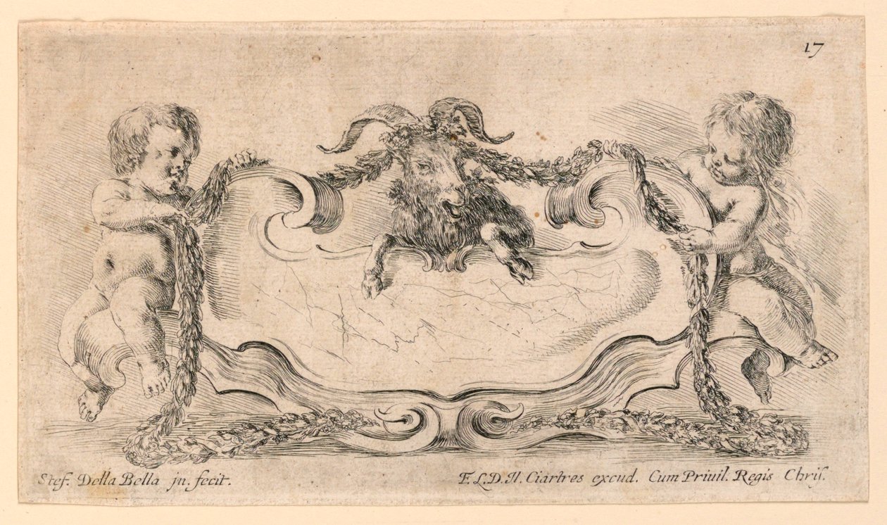 Escutcheon, nr. 17 från "Samling av olika nycker och nio uppfinningar av mappar och prydnadsföremål" av Stefano della Bella