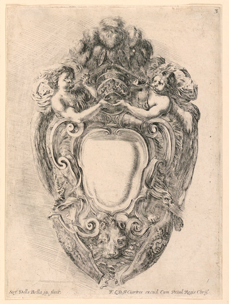 Escutcheon, nr. 3 från "Samling av olika infall och nio uppfinningar av mappar och prydnadsföremål" av Stefano della Bella