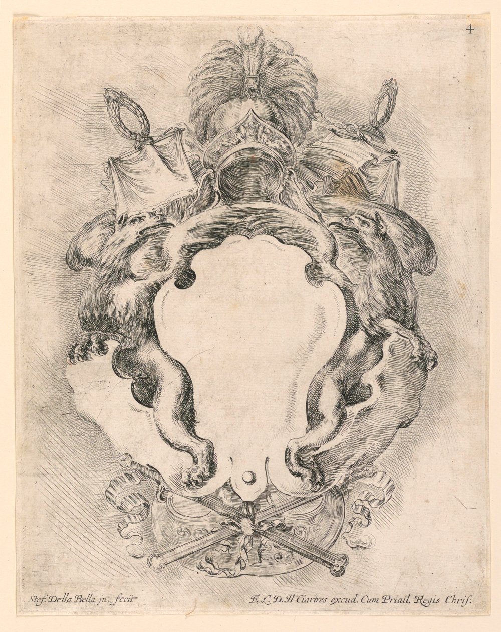 Escutcheon, nr. 4 från "Samling av olika infall och nio uppfinningar av mappar och prydnadsföremål" av Stefano della Bella