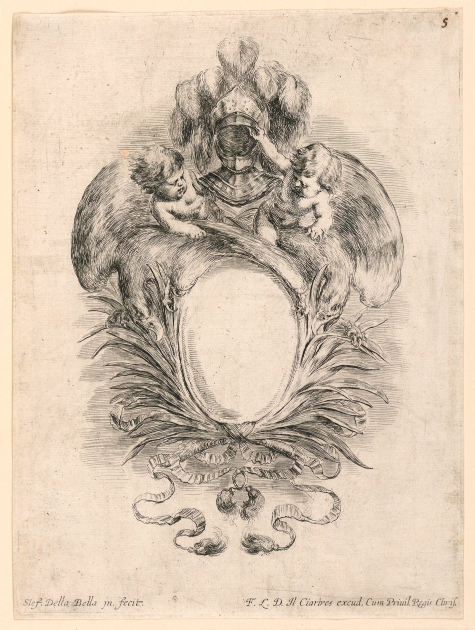 Escutcheon, nr. 5 från "Samling av olika infall och nio uppfinningar av mappar och prydnadsföremål" av Stefano della Bella