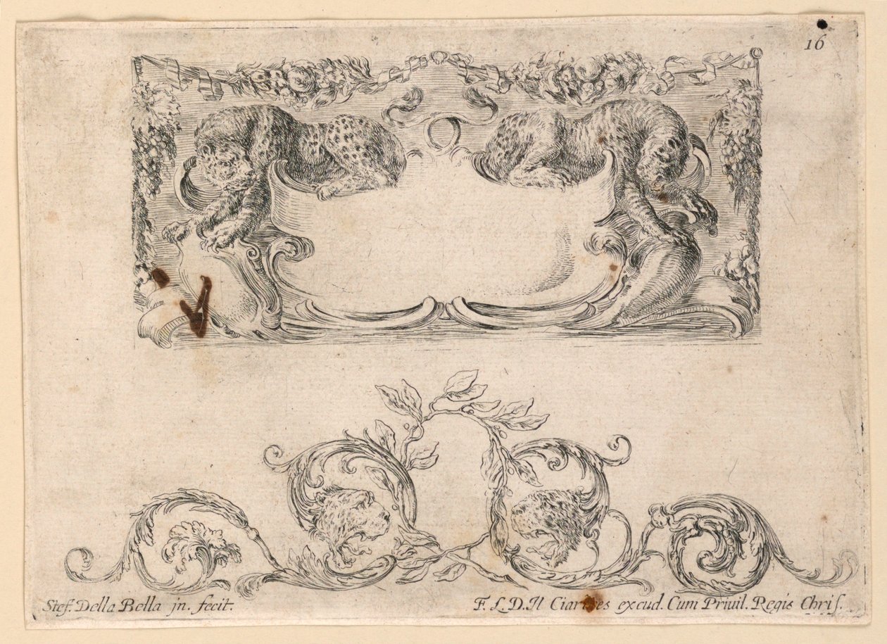 Escutcheon, Rinceaux, No. 16 från "Samling av olika infall och nio uppfinningar av mappar och prydnadsföremål" av Stefano della Bella
