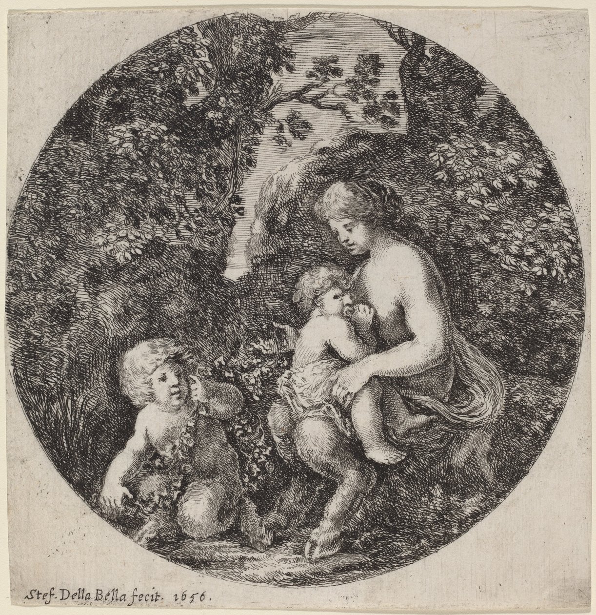 Kvinnlig Satyr som ammar ett barn i ett skogslandskap av Stefano della Bella