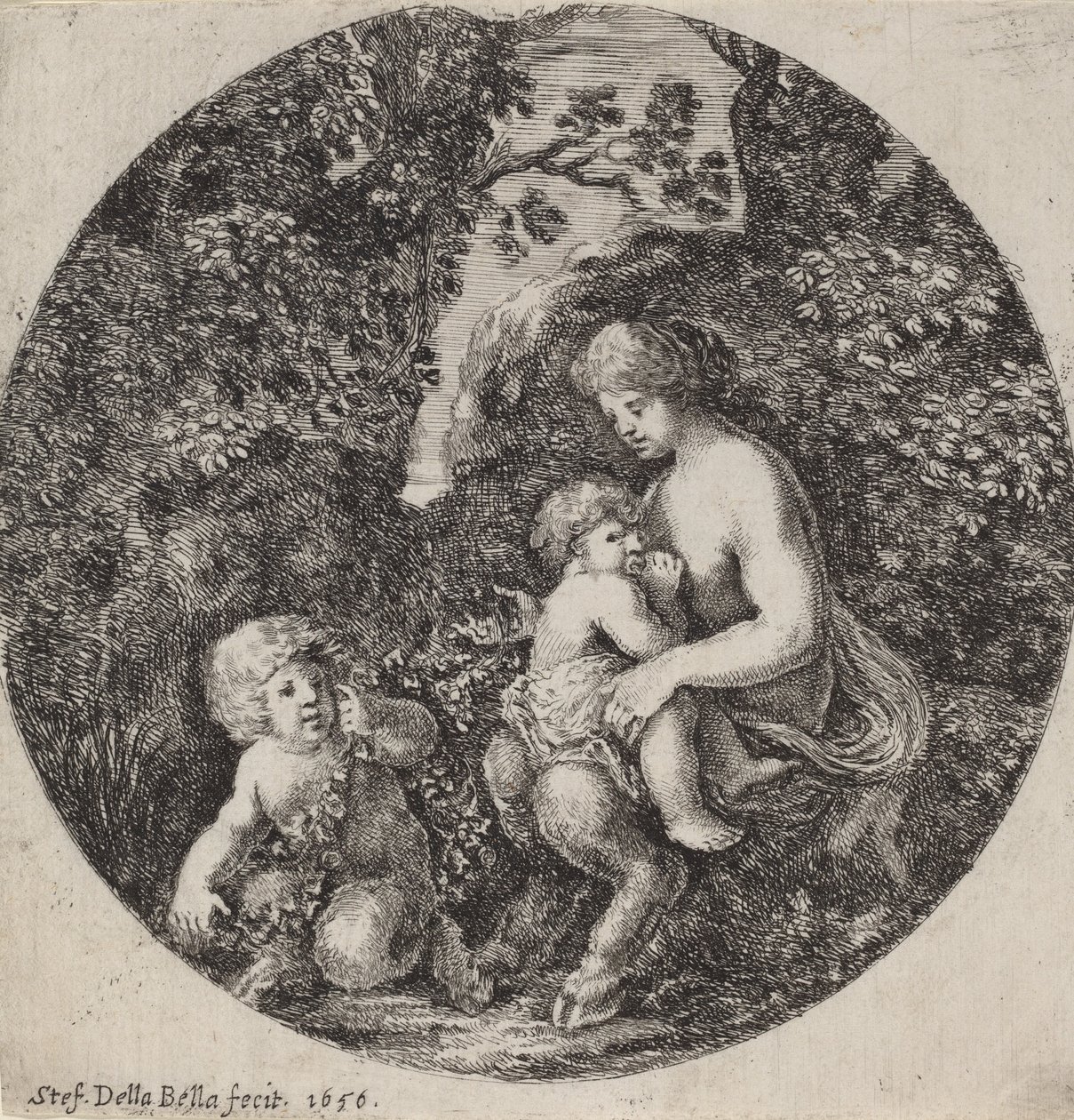 Kvinnlig Satyr som ammar ett barn i ett skogslandskap, 1656. av Stefano della Bella