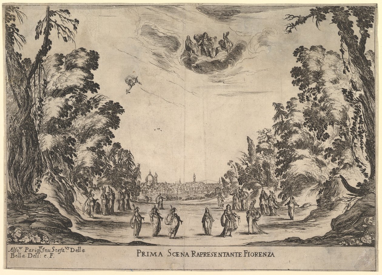 Första scenen, i Florens, från gudarnas äktenskap Le nozze degli Dei, 1637. av Stefano della Bella