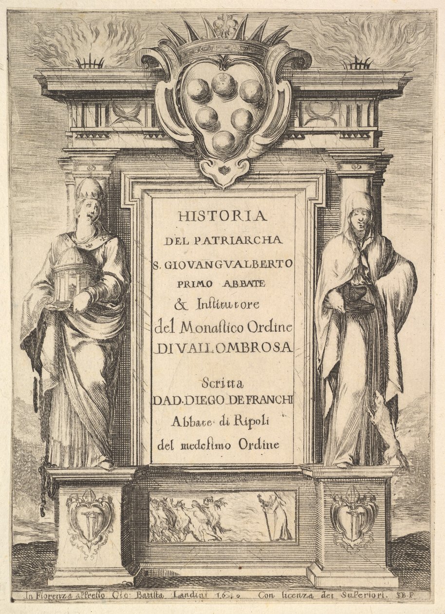 Frontispice: ett monument dekorerat med Medicis vapen överst i mitten, lågor a..., 1640. av Stefano della Bella