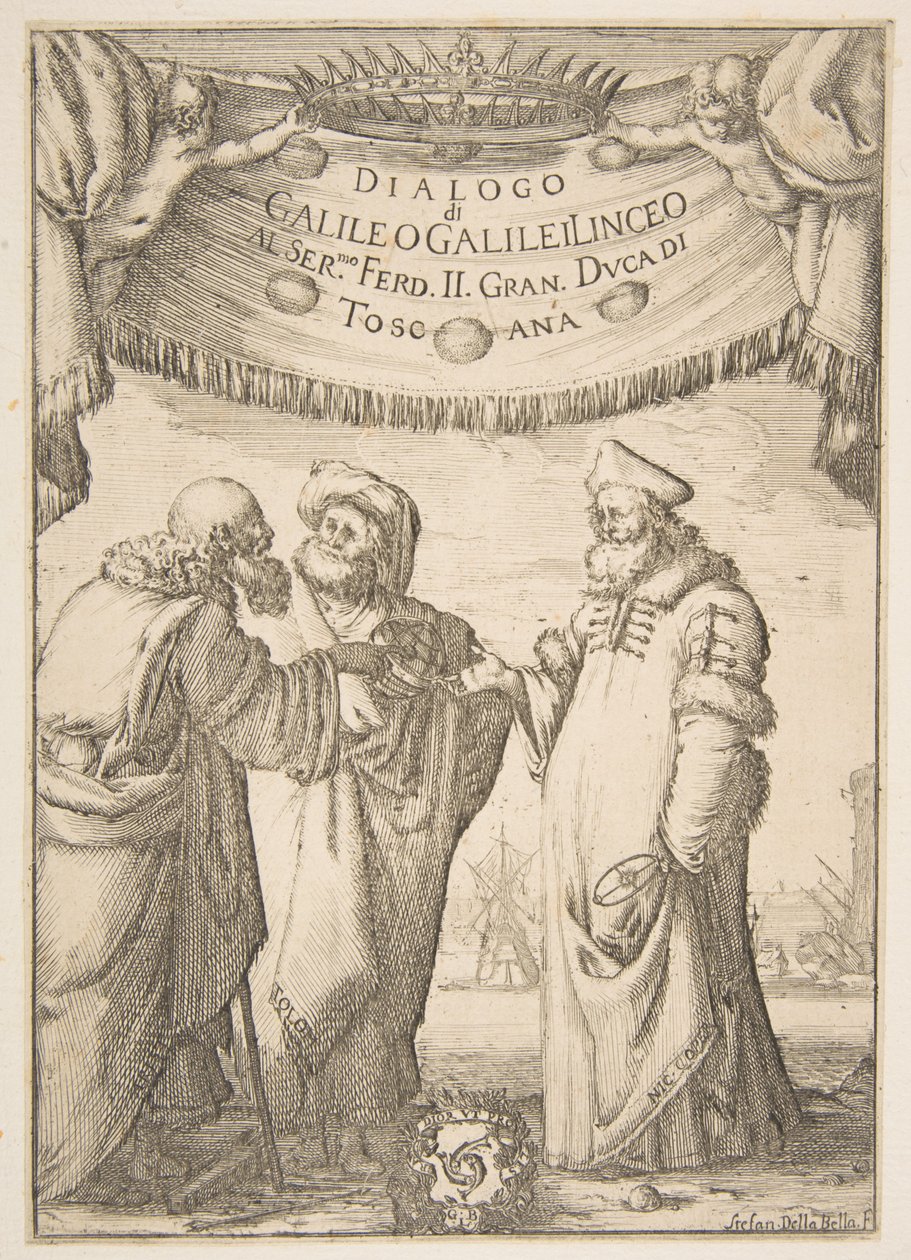 Frontispice för dialog av Galileo Galilei, 1632. av Stefano della Bella