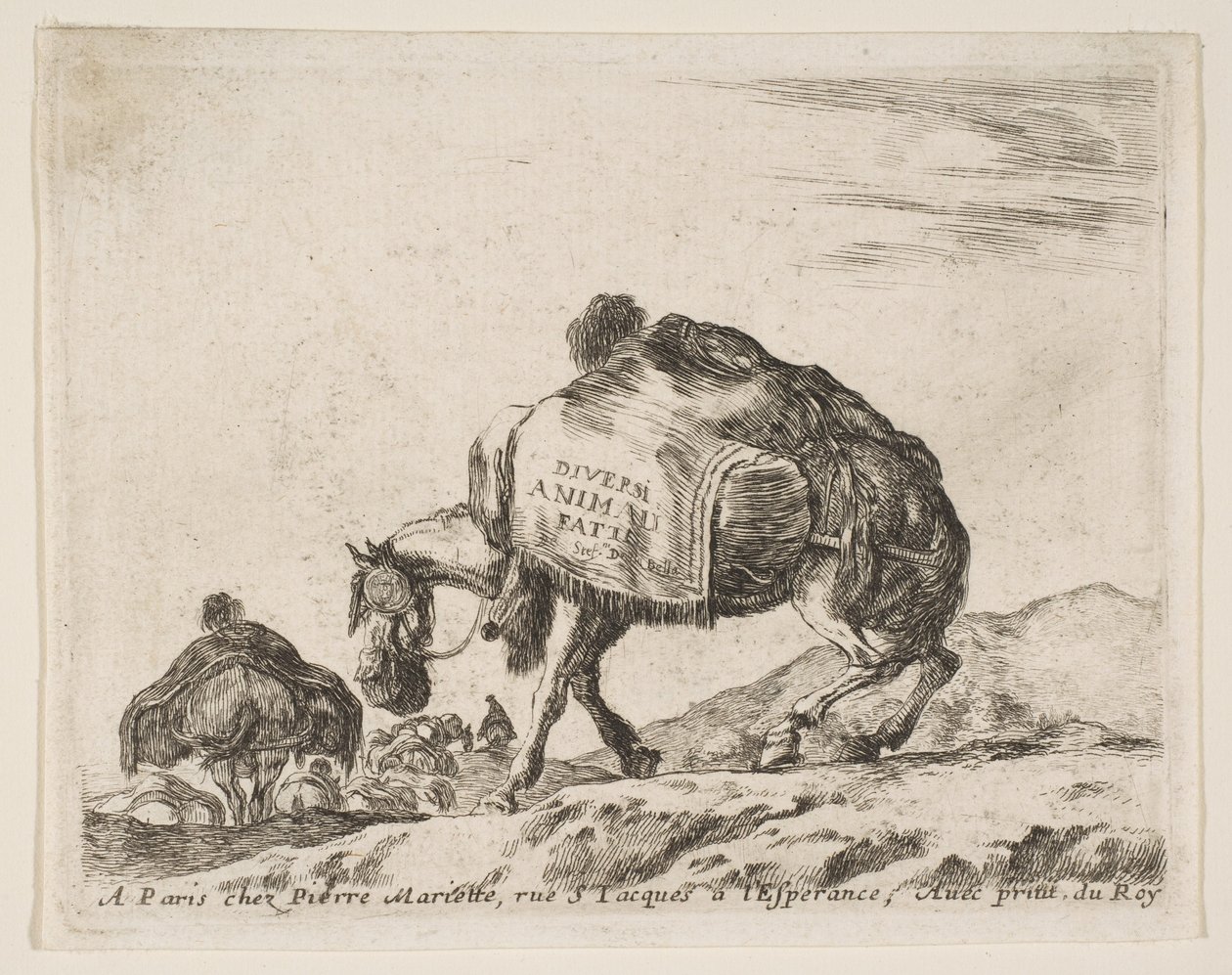 Frontispice för olika djur: Packhäst, ca. 1641. av Stefano della Bella
