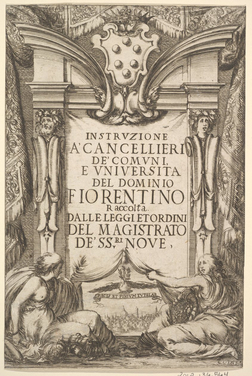 Frontispice för instruktioner för kansler Instruzione a Cancellieri: Medici coat ..., 1635. av Stefano della Bella