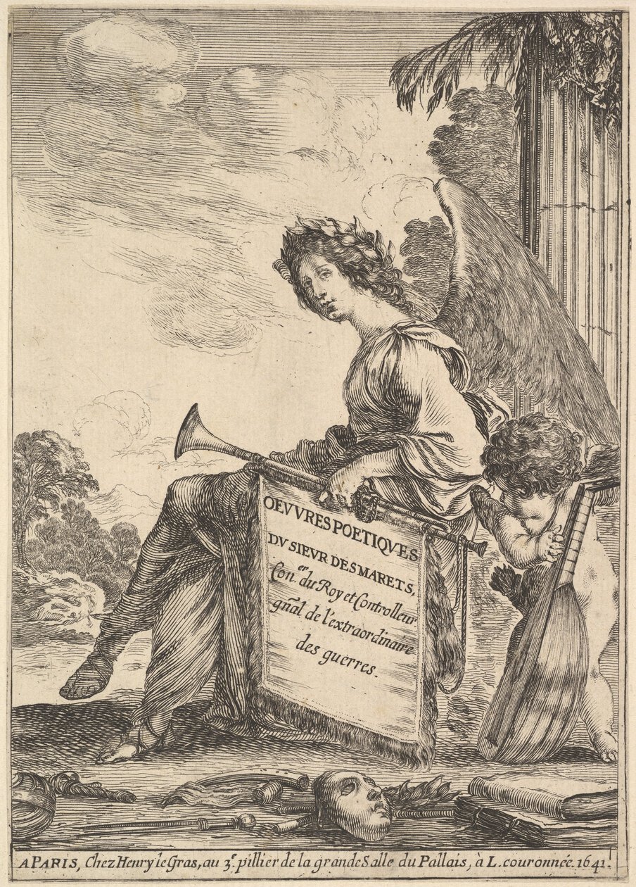 Frontispice för dikter av Desmarets Oeuvres poétiques de Desmarets: a winged woman rep..., 1641. av Stefano della Bella
