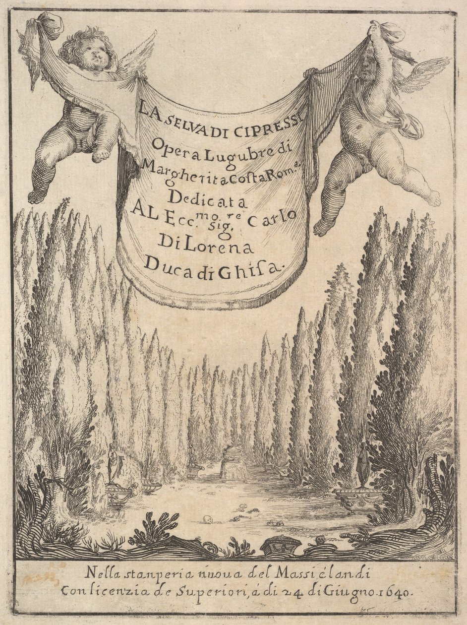 Frontispice för Cypressskogen La selva di cipressi: två putti håller en gobeläng i..., 1640. av Stefano della Bella