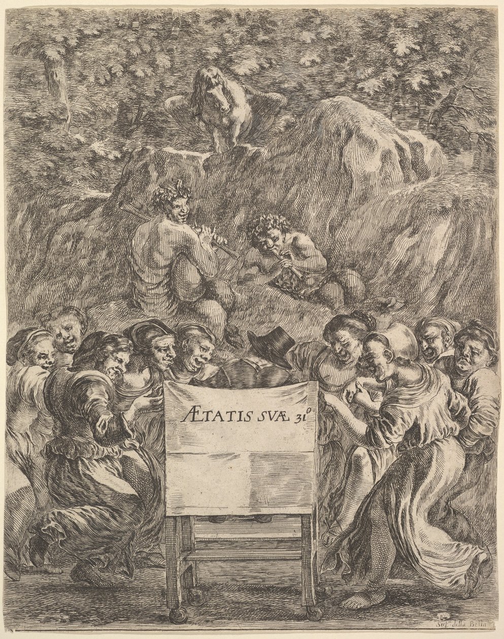 Frontispice för The Works of Scarron uvres de Scarron, poeten sittande i en stol..., 1649. av Stefano della Bella