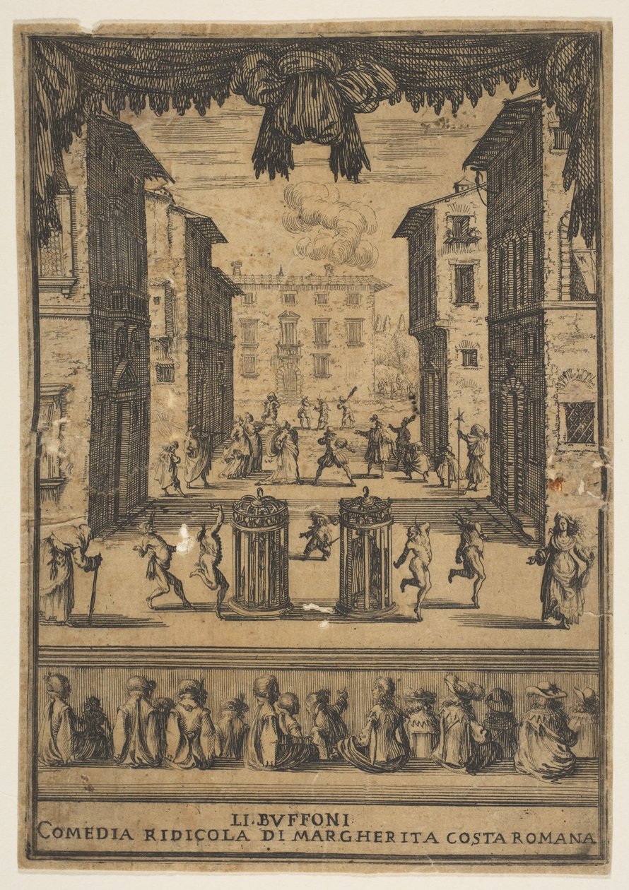 Frontispice för komedin The Buffoons Li Buffoni, en scenuppsättning som liknar en p..., ca. 1639. av Stefano della Bella