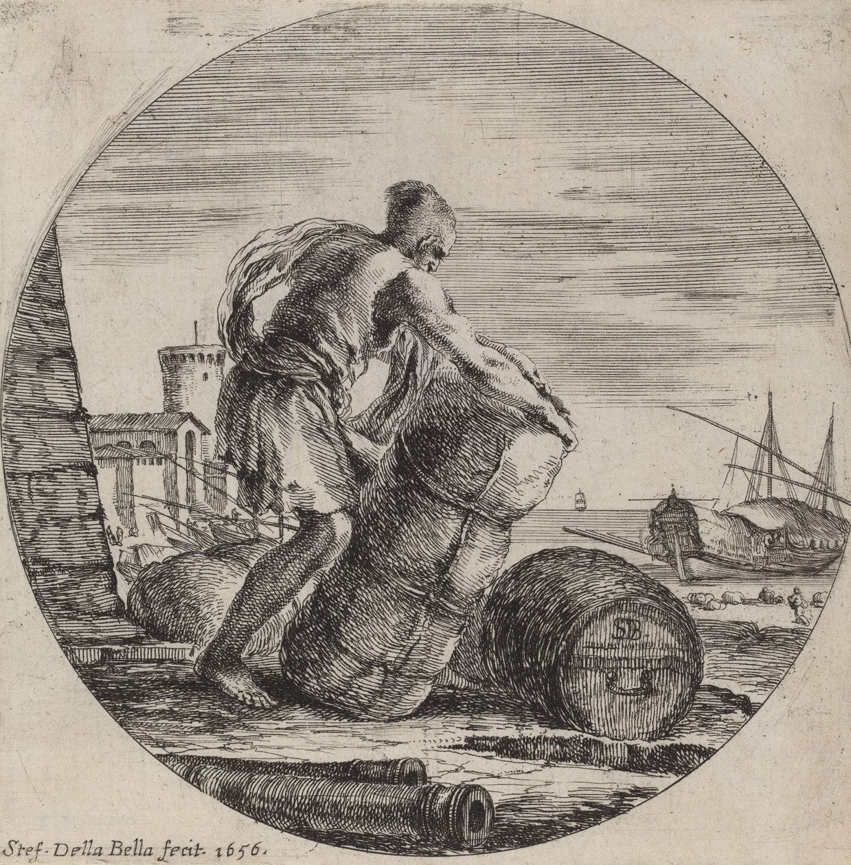 Galärslav som transporterar ett fartygs last, 1656. av Stefano della Bella