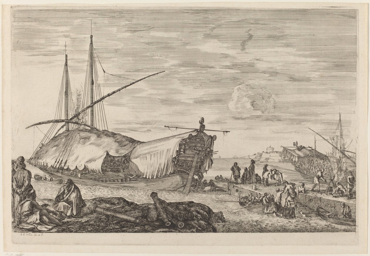 Byssa med däck täckt med segel, troligen ca. 16541655. av Stefano della Bella